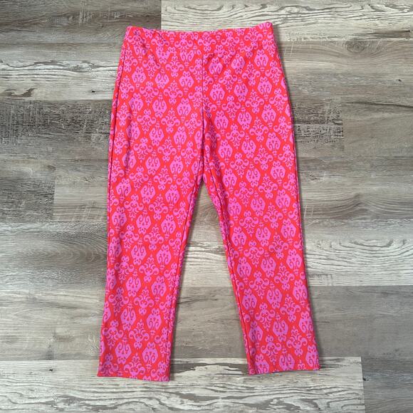Jude Connally Leggings Pink Red Damask Print Cropped Stretch Pull-On Retro - Picture 1 of 8
